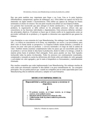 Herramientas y Técnicas Lean Manufacturing en sistemas de producción y calidad.
- 109 -
Hay una parte también muy importante para llegar a ser Lean. Esta es la parte logística
(Distribuidores, transportistas, agentes de embarques, etc.). Ellos deben ser capaces de llevar los
materiales sin algún retardo o inconsistencias. Ellos deben ser capaces de entregar los bienes
terminados al cliente sin retrasos. Sin este parte resuelta seria difícil ser una Empresa Esbelta.
Los gerentes han reconocido que para entregar al cliente satisfacción y la mejor calidad del
producto, la organización se debe enfocar en los principales procesos críticos más que
concentrarse en las funciones individuales o departamentos. Estos procesos deberían satisfacer
dos principales objetivos. El primero es hacer que el cliente confíe en la organización como un
proveedor calificado de su producto y el segundo es demostrar una capacidad de que ganara las
órdenes.
Lean Enterprise es una extensión de Lean Manufacturing. Sin embargo Lean Enterprise va más
allá y se enfoca en concentrarse en la firma, sus empleados, sus socios y sus proveedores, para
darle valor al cliente desde su perspectiva. La Empresa Esbelta intenta delinear y coordinar el
proceso de crear valor para un producto o servicio terminado a lo largo de toda la cadena de
valor. También intenta examinar completamente todos los pasos que son necesitados para traer
un producto o servicio desde la idea hasta la producción, desde la orden a la entrega, y desde la
materia prima hasta el producto final entregado. Estos pasos pueden ser muy bien logrados
incluyendo todas las partes involucradas. Todos los procesos son continuamente examinados,
comparando y tomando en cuenta las definiciones del cliente sobre actividades de valor agregado
y actividades sin valor agregado y por lo tanto el desperdicio es forzosamente y metódicamente
eliminado.
Hay muchas compañías que están implementando Lean Manufacturing. Sin embargo muchas de
estas están aun meramente copiando la idea debido a un poco entendimiento de sus conceptos
principales. Por eso podría parecer que cuando las compañías aun no están capacitadas para Lean
Manufacturing ellas no deberían enfocarse y adoptar ser Lean Enterprise.
Tabla No. 4 Modelo de empresa esbelta.
 