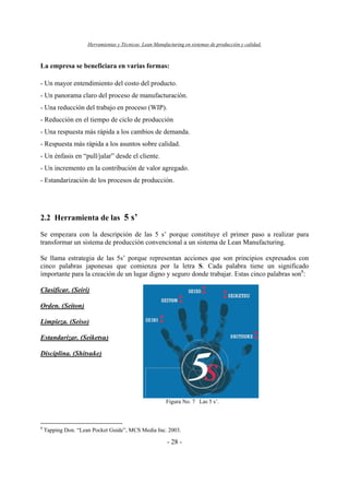 Herramientas y Técnicas Lean Manufacturing en sistemas de producción y calidad.
- 28 -
La empresa se beneficiara en varias formas:
- Un mayor entendimiento del costo del producto.
- Un panorama claro del proceso de manufacturación.
- Una reducción del trabajo en proceso (WIP).
- Reducción en el tiempo de ciclo de producción
- Una respuesta más rápida a los cambios de demanda.
- Respuesta más rápida a los asuntos sobre calidad.
- Un énfasis en “pull/jalar” desde el cliente.
- Un incremento en la contribución de valor agregado.
- Estandarización de los procesos de producción.
2.2 Herramienta de las 5 s’
Se empezara con la descripción de las 5 s’ porque constituye el primer paso a realizar para
transformar un sistema de producción convencional a un sistema de Lean Manufacturing.
Se llama estrategia de las 5s’ porque representan acciones que son principios expresados con
cinco palabras japonesas que comienza por la letra S. Cada palabra tiene un significado
importante para la creación de un lugar digno y seguro donde trabajar. Estas cinco palabras son8
:
Clasificar. (Seiri)
Orden. (Seiton)
Limpieza. (Seiso)
Estandarizar. (Seiketsu)
Disciplina. (Shitsuke)
Figura No. 7 Las 5 s’.
8
Tapping Don. “Lean Pocket Guide”, MCS Media Inc. 2003.
 
