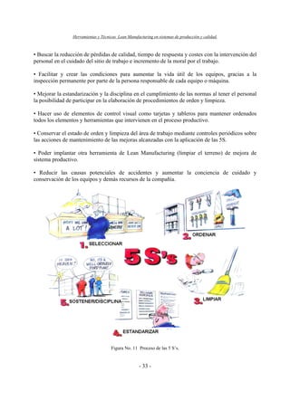 Herramientas y Técnicas Lean Manufacturing en sistemas de producción y calidad.
- 33 -
• Buscar la reducción de pérdidas de calidad, tiempo de respuesta y costes con la intervención del
personal en el cuidado del sitio de trabajo e incremento de la moral por el trabajo.
• Facilitar y crear las condiciones para aumentar la vida útil de los equipos, gracias a la
inspección permanente por parte de la persona responsable de cada equipo o máquina.
• Mejorar la estandarización y la disciplina en el cumplimiento de las normas al tener el personal
la posibilidad de participar en la elaboración de procedimientos de orden y limpieza.
• Hacer uso de elementos de control visual como tarjetas y tableros para mantener ordenados
todos los elementos y herramientas que intervienen en el proceso productivo.
• Conservar el estado de orden y limpieza del área de trabajo mediante controles periódicos sobre
las acciones de mantenimiento de las mejoras alcanzadas con la aplicación de las 5S.
• Poder implantar otra herramienta de Lean Manufacturing (limpiar el terreno) de mejora de
sistema productivo.
• Reducir las causas potenciales de accidentes y aumentar la conciencia de cuidado y
conservación de los equipos y demás recursos de la compañía.
Figura No. 11 Proceso de las 5 S’s.
 