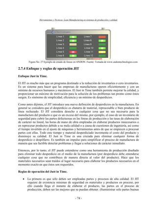 Herramientas y Técnicas Lean Manufacturing en sistemas de producción y calidad.
- 74 -
Figura No. 27 Ejemplo de estado de líneas en ANDON. Fuente: Tomada de www.andontechnologies.com
2.7.4 Enfoque y reglas de operación JIT
Enfoque Just in Time.
El JIT es mucho más que un programa destinado a la reducción de inventarios o cero inventarios.
Es un sistema para hacer que las empresas de manufacturas operen eficientemente y con un
mínimo de recursos humanos y mecánicos. El Just in Time también permite mejorar la calidad, y
proporcionar un máximo de motivación para la solución de los problemas tan pronto como éstos
surgen. Es sinónimo de simplicidad, eficiencia y un mínimo de desperdicios.
Como antes dijimos, el JIT introduce una nueva definición de desperdicios en la manufactura. En
general se considera que el desperdicio es chatarra de material, reprocesable o bien producto de
línea rechazado. El JIT considera desecho a cualquier cosa que no sea necesaria para la
manufactura del producto o que es un exceso del mismo, por ejemplo, el caso de un inventario de
seguridad para cubrir las partes defectuosas en las líneas de producción o las tasas de elaboración
de carácter no lineal, las horas de mano de obra empleadas en elaborar productos innecesarios o
en reprocesar productos debido a su mala calidad o a causa de cuestiones de ingeniería, así como
el tiempo invertido en el ajuste de máquinas y herramientas antes de que se empiecen a procesar
partes con ellas. Todo este tiempo y material desperdiciado incrementa el costo del producto y
disminuye su calidad. El Just in Time es una cruzada para eliminar cualquier forma de
desperdicio o despilfarro. Es también un impulso para simplificar el proceso de manufactura de
manera que sea factible detectar problemas y llegar a soluciones de carácter inmediato.
Entonces, por lo tanto, el JIT puede entenderse como una herramienta de producción diseñado
para eliminar todo desperdicio en el medio de la manufactura (por desperdicio debe entenderse
cualquier cosa que no contribuya de manera directa al valor del producto). Hace que los
materiales necesarios sean traídos al lugar necesario para elaborar los productos necesarios en el
momento exacto en que éstos son requeridos.
Reglas de operación del Just in Time.
• La primera es que sólo deben ser empleadas partes y procesos de alta calidad. El JIT
requiere de existencia mínimas de seguridad en materiales y productos en proceso, por
ello cuando llega el instante de elaborar el producto, las partes en el proceso de
producción, deben ser las mejores que se puedan obtener. (Suministrar solo partes buenas
 