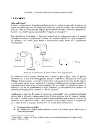 Herramientas y Técnicas Lean Manufacturing en sistemas de producción y calidad.
- 81 -
2.8 KANBAN.
¿Que es Kanban?
Kanban es un herramienta de producción altamente efectiva y eficiente por medio de tarjetas, las
cuales son usadas para que los trabajadores sepan qué están produciendo, qué características
lleva, así como qué van a producir después, que características tendrá y como será transportado.
Kanban es una palabra japonesa que significa: "Etiqueta de instrucción"18
.
Fue originalmente desarrollado por Toyota en la década de los 50 como una manera de manejo
del flujo de materiales en una línea de ensamble. Para muchas compañías del Japón el corazón de
este proceso es el Kanban, quien directa o indirectamente maneja mucho de la organización
manufacturera.
Figura No. 30 Ejemplo de uso de sistema Kanban. Fuente: google imágenes.
En conjunción con el sistema conocido como “sistema de pull o jalar”, tiene sus propias
características a la hora de funcionar, pues las máquinas no producen hasta que se les solicita que
lo hagan, de manera que no se generan inventarios innecesarios que quizá al final queden parados
y no se vendan, ya que serían excedentes de producción. Esta herramienta sirve para cumplir los
requerimientos de material en un patrón basado en las necesidades de producto terminado o
embarques, que son los generadores de la tarjeta de kanban, y que se enviarían directamente a las
máquinas para que procesen solamente la cantidad requerida.
A cada pieza en cada paso del proceso le corresponde un contenedor vacío y una tarjeta, en la que
se especifica la referencia (máquina, descripción de pieza, siguiente paso del proceso, etcétera),
así como la cantidad de piezas que ha de esperar cada contenedor para ser llenado antes de ser
trasladado a otra estación de trabajo. Todos y cada uno de los procesos deberán ir acompañados
de su tarjeta kanban al recipiente o contenedor, con las siguientes características:
• Se usan recipientes estándar.
• La cantidad que contiene cada recipiente es exacta, de manera que es fácil contar y
controlar el inventario.
18
Shingo Shigeo. “A study of the Toyota production sistem from an Industrial Engineering viewpoint”. Estados
Unidos. Productivity, 1989.
 
