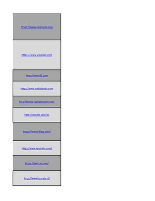 https://www.facebook.com
https://www.youtube.com
http://mind42.com
http://www.trabajando.com
http://www.typingmaster.com
http://doodle.com/es
https://www.diigo.com/
http://www.reunalia.com/
https://twitter.com/
http://www.icaretv.cl/
 