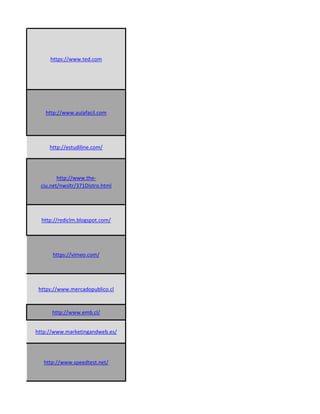 https://www.ted.com
http://www.aulafacil.com
http://estudiline.com/
http://www.the-
ciu.net/nwsltr/371Distro.html
http://rediclm.blogspot.com/
https://vimeo.com/
https://www.mercadopublico.cl
http://www.emb.cl/
http://www.marketingandweb.es/
http://www.speedtest.net/
 