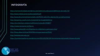 INFOGRAFÍA
https://carmenalicialopez.wordpress.com/web-2-0-y-educacion/definicion-de-web-2-0/
http://www.cdieducacion.es/docs/web20.pdf
http://www.documentalistaenredado.net/452/la-web-20-y-algunas-de-sus-aplicaciones/
http://proyectos.cuaed.unam.mx/web20/?q=Google%20Drive
https://es.slideshare.net/promo2011iem/metacafe-9958877
https://www.meneame.net/faq-es
http://www.websa100.com/blog/que-es-slideshare-y-para-que-sirve/
http://blog.udlap.mx/blog/2014/08/comoyparaqueusarflickr/
http://eduteka.icesi.edu.co/
https://juandomingofarnos.wordpress.com/2011/02/28/100-herramientas-de-la-web-2-0-para-el-aula/
Por. José Pérez C.
 