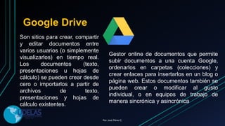 Google Drive
Son sitios para crear, compartir
y editar documentos entre
varios usuarios (o simplemente
visualizarlos) en tiempo real.
Los documentos (texto,
presentaciones u hojas de
cálculo) se pueden crear desde
cero o importarlos a partir de
archivos de texto,
presentaciones y hojas de
cálculo existentes.
Gestor online de documentos que permite
subir documentos a una cuenta Google,
ordenarlos en carpetas (colecciones) y
crear enlaces para insertarlos en un blog o
página web. Estos documentos también se
pueden crear o modificar al gusto
individual, o en equipos de trabajo de
manera sincrónica y asincrónica
Por. José Pérez C.
 