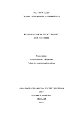 PUERTOS Y REDES

    TRABAJO DE HERRAMIENTAS TELEMÁTICAS




     PATRICIA ALEJANDRA PIÑEROS SANCHEZ

                COD: 94081609556




                   Presentado a:

          GINA GONZALEZ ZANAHURIA

         Tutora de herramientas telemáticas




UNAD UNIVERSIDAD NACIONAL ABIERTA Y ADISTANCIA

                      ECBTI

             INGENIERIA INDUSTRIAL

                    ARBELAEZ

                      2011-2
 