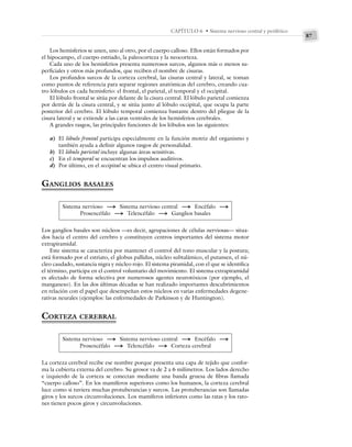 87
CAPÍTULO 6 • Sistema nervioso central y periférico
Los hemisferios se unen, uno al otro, por el cuerpo calloso. Ellos están formados por
el hipocampo, el cuerpo estriado, la paleocorteza y la neocorteza.
Cada uno de los hemisferios presenta numerosos surcos, algunos más o menos su-
perficiales y otros más profundos, que reciben el nombre de cisuras.
Los profundos surcos de la corteza cerebral, las cisuras central y lateral, se toman
como puntos de referencia para separar regiones anatómicas del cerebro, creando cua-
tro lóbulos en cada hemisferio: el frontal, el parietal, el temporal y el occipital.
El lóbulo frontal se sitúa por delante de la cisura central. El lóbulo parietal comienza
por detrás de la cisura central, y se sitúa junto al lóbulo occipital, que ocupa la parte
posterior del cerebro. El lóbulo temporal comienza bastante dentro del pliegue de la
cisura lateral y se extiende a las caras ventrales de los hemisferios cerebrales.
A grandes rasgos, las principales funciones de los lóbulos son las siguientes:
a) El lóbulo frontal participa especialmente en la función motriz del organismo y
también ayuda a definir algunos rasgos de personalidad.
b) El lóbulo parietal incluye algunas áreas sensitivas.
c) En el temporal se encuentran los impulsos auditivos.
d) Por último, en el occipital se ubica el centro visual primario.
GANGLIOS BASALES
Sistema nervioso S Sistema nervioso central S Encéfalo S
Prosencéfalo S Telencéfalo S Ganglios basales
Los ganglios basales son núcleos —es decir, agrupaciones de células nerviosas— situa-
dos hacia el centro del cerebro y constituyen centros importantes del sistema motor
extrapiramidal.
Este sistema se caracteriza por mantener el control del tono muscular y la postura;
está formado por el estriato, el globus pallidus, núcleo subtalámico, el putamen, el nú-
cleo caudado, sustancia nigra y núcleo rojo. El sistema piramidal, con el que se identifica
el término, participa en el control voluntario del movimiento. El sistema extrapiramidal
es afectado de forma selectiva por numerosos agentes neurotóxicos (por ejemplo, el
manganeso). En las dos últimas décadas se han realizado importantes descubrimientos
en relación con el papel que desempeñan estos núcleos en varias enfermedades degene-
rativas neurales (ejemplos: las enfermedades de Parkinson y de Huntington).
CORTEZA CEREBRAL
Sistema nervioso S Sistema nervioso central S Encéfalo S
Prosencéfalo S Telencéfalo S Corteza cerebral
La corteza cerebral recibe ese nombre porque presenta una capa de tejido que confor-
ma la cubierta externa del cerebro. Su grosor va de 2 a 6 milímetros. Los lados derecho
e izquierdo de la corteza se conectan mediante una banda gruesa de fibras llamada
“cuerpo calloso”. En los mamíferos superiores como los humanos, la corteza cerebral
luce como si tuviera muchas protuberancias y surcos. Las protuberancias son llamadas
giros y los surcos circunvoluciones. Los mamíferos inferiores como las ratas y los rato-
nes tienen pocos giros y circunvoluciones.
 