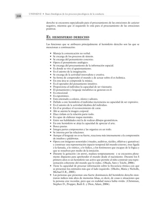 UNIDAD II • Bases fisiológicas de los procesos psicológicos de la conducta
118
derecho se encuentra especializado para el procesamiento de las emociones de carácter
negativo, mientras que el izquierdo lo está para el procesamiento de las emociones
positivas.
EL HEMISFERIO DERECHO
Las funciones que se atribuyen principalmente al hemisferio derecho son las que se
mencionan a continuación:
• Maneja la comunicación no verbal.
• Se encarga de los procesos de síntesis.
• Se encarga del pensamiento concreto.
• Opera el pensamiento analógico.
• Se encarga del procesamiento de la información espacial.
• Es donde se vive el apasionamiento.
• Es el asiento de la imaginación.
• Se encarga de la actividad innovadora y creativa.
• Su forma de comprender el mundo y de actuar sobre él es holística.
• En esta área se comprende la música.
• Es el operador del pensamiento intuitivo.
• Proporciona al individuo la capacidad de ser visionario.
• El pensamiento y lenguaje metafórico se generan en él.
• Es emocional.
• Es espontáneo.
• Está orientado a colores, olores y sabores.
• Debido a este hemisferio el individuo incrementa su capacidad de ser expresivo.
• Es el asiento de la actividad idealista del individuo.
• En él se produce el reconocimiento de caras.
• Ahí se asienta la imagen corporal.
• Hace énfasis en la relación parte-todo.
• Es capaz de elaborar mapas mentales.
• Entre sus habilidades está la de realizar dibujos geométricos.
• En este hemisferio se aloja la capacidad de apreciar el arte.
• Busca pautas.
• Integra partes componentes y las organiza en un todo.
• Se interesa por las relaciones.
• Aunque el lenguaje no es su fuerte, reacciona más intensamente a la comprensión
de insultos y palabrotas.
• Opera con imágenes sensoriales (visuales, auditivas, táctiles, olfativas y gustativas)
y construye una representación espacio-temporal del mundo externo, muy ligada
a la fantasía, a lo onírico, a lo lúdico, a los fenómenos que escapan de la lógica y
que se resuelven por medio de la intuición.
• Durante la gestación (in utero), madura tempranamente y se encuentra plena-
mente dispuesto para aprehender el mundo desde el nacimiento. Durante los 5
primero años es un hemisferio tan activo que permite al niño construir una repre-
sentación coherente del mundo que lo rodea. (Okada, Sato y Toichi, 2006).
• Tiene la capacidad de procesar información sobre la frecuencia rítmica con que
se presentan los estímulos más que el lado izquierdo. (Okubo, Matia y Nicholls,
Michael E.R., 2005).
• Las personas que presentan una fuerte dominancia del hemisferio derecho mos-
traron índices más altos de memorias falsas, es decir, de cosas o situaciones que
la persona cree recordar, pero que en realidad nunca había vivido. (Christman,
Stephen D., Propper, Ruth E. y Dion, Adam, 2004).
 