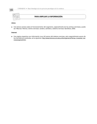 UNIDAD II • Bases fisiológicas de los procesos psicológicos de la conducta
126
PARA AMPLIAR LA INFORMACIÓN
Libros
Una lectura amena sobre el funcionamiento del organismo, especialmente de los centros nerviosos, puede
ser: Macnair, Patricia. Centro nervioso: cerebro, sentidos y sistema nervioso. Santillana, 2002.
Internet
Una página argentina con información muy útil acerca del sistema nervioso, pero especialmente acerca de
los hemisferios cerebrales, es la siguiente: http://www.herrera.unt.edu.ar/bioingenieria/Temas_inves/sist_ner-
vioso/pagina3.htm
●
●
 