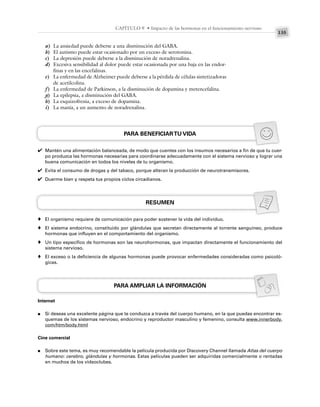 135
CAPÍTULO 9 • Impacto de las hormonas en el funcionamiento nervioso
a) La ansiedad puede deberse a una disminución del GABA.
b) El autismo puede estar ocasionado por un exceso de serotonina.
c) La depresión puede deberse a la disminución de noradrenalina.
d) Excesiva sensibilidad al dolor puede estar ocasionada por una baja en las endor-
finas y en las encefalinas.
e) La enfermedad de Alzheimer puede deberse a la pérdida de células sintetizadoras
de acetilcolina.
f) La enfermedad de Parkinson, a la disminución de dopamina y metencefalina.
g) La epilepsia, a disminución del GABA.
h) La esquizofrenia, a exceso de dopamina.
i) La manía, a un aumento de noradrenalina.
PARA BENEFICIARTU VIDA
Mantén una alimentación balanceada, de modo que cuentes con los insumos necesarios a fin de que tu cuer-
po produzca las hormonas necesarias para coordinarse adecuadamente con el sistema nervioso y lograr una
buena comunicación en todos los niveles de tu organismo.
Evita el consumo de drogas y del tabaco, porque alteran la producción de neurotransmisores.
Duerme bien y respeta tus propios ciclos circadianos.
RESUMEN
El organismo requiere de comunicación para poder sostener la vida del individuo.
El sistema endocrino, constituido por glándulas que secretan directamente al torrente sanguíneo, produce
hormonas que influyen en el comportamiento del organismo.
Un tipo específico de hormonas son las neurohormonas, que impactan directamente el funcionamiento del
sistema nervioso.
El exceso o la deficiencia de algunas hormonas puede provocar enfermedades consideradas como psicoló-
gicas.
PARA AMPLIAR LA INFORMACIÓN
Internet
Si deseas una excelente página que te conduzca a través del cuerpo humano, en la que puedas encontrar es-
quemas de los sistemas nervioso, endocrino y reproductor masculino y femenino, consulta www.innerbody.
com/htm/body.html
Cine comercial
Sobre este tema, es muy recomendable la película producida por Discovery Channel llamada Atlas del cuerpo
humano: cerebro, glándulas y hormonas. Estas películas pueden ser adquiridas comercialmente o rentadas
en muchos de los videoclubes.
✔
✔
✔
♦
♦
♦
♦
●
●
 