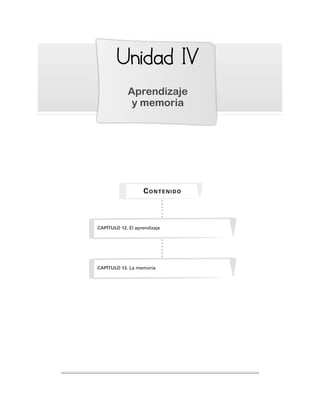 Unidad
nidad IV
IV
Aprendizaje
y memoria
CAPÍTULO 12. El aprendizaje
CONTENIDO
CAPÍTULO 13. La memoria
 