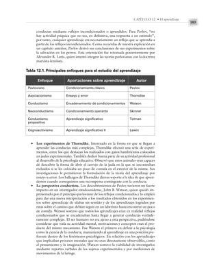 183
CAPÍTULO 12 • El aprendizaje
conductas mediante reflejos incondicionados o aprendidos. Para Pavlov, “no
hay actividad psíquica que no sea, en definitiva, una respuesta a un estímulo”,
por tanto, cualquier aprendizaje era necesariamente un reflejo que se aprendía a
partir de los reflejos incondicionados. Como recuerdas de nuestra explicación en
un capítulo anterior, Pavlov derivó sus conclusiones de sus experimentos sobre
la salivación en los perros. Esta orientación fue retomada posteriormente por
Alexander R. Luria, quien intentó integrar las teorías pavlovianas con la doctrina
marxista-leninista.
Tabla 12.1. Principales enfoques para el estudio del aprendizaje
Enfoque Aportaciones sobre aprendizaje Autor
Pavloviano
Asociacionismo
Conductismo
Neoconductismo
Conductismo
propositivo
Cognoscitivismo
Condicionamiento clásico
Ensayo y error
Encadenamiento de condicionamientos
Condicionamiento operante
Aprendizaje significativo
Aprendizaje significativo II
Pavlov
Thorndike
Watson
Skinner
Tolman
Lewin
• Los experimentos de Thorndike. Interesado en la forma en que se llegan a
aprender las conductas más complejas, Thorndike efectuó una serie de experi-
mentos, entre los que destacan los realizados con gatos hambrientos colocados
en jaulas experimentales. También dedicó buena parte de su actividad profesional
al desarrollo de la psicología educativa. Observó que estos animales eran capaces
de descubrir la forma de abrir el cerrojo de la jaula en la que se encontraban
recluidos si se les colocaba un poco de comida en el exterior de la misma. Sus
investigaciones le permitieron la formulación de la teoría del aprendizaje por
ensayo y error. Los hallazgos de Thorndike dieron soporte a la idea de que apren-
demos cuando conseguimos una recompensa contingente con la conducta.
• La perspectiva conductista. Los descubrimientos de Pavlov tuvieron un fuerte
impacto en un investigador estadounidense, John B. Watson, quien quedó im-
presionado por el principio pavloviano de los reflejos condicionados y lo empleó
para dar una nueva interpretación a los resultados obtenidos en los experimen-
tos sobre aprendizaje de sílabas sin sentido y de los aprendizajes logrados por
ratas sobre el camino que debían seguir en un laberinto hasta encontrar un poco
de comida. Watson sostuvo que todos los aprendizajes eran en realidad reflejos
condicionados que se encadenaban hasta llegar a generar conductas verdade-
ramente complejas. El ser humano no era ajeno a esta perspectiva, pudiéndose
considerar que toda su actividad mental, motivaciones y conceptos eran el pro-
ducto del mismo mecanismo. Fue Watson el primero en definir a la psicología
como la ciencia de la conducta, manteniendo al aprendizaje en una posición pre-
ferente dentro de los fenómenos psicológicos. En relación con los aprendizajes
que implicaban procesos mentales que no eran directamente observables, como
el pensamiento y la imaginación, Watson sostuvo la viabilidad de investigarlos
mediante reportes verbales de los sujetos experimentales y por mediciones de
movimientos de la laringe.
 