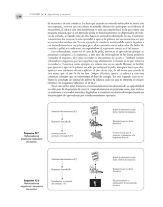 UNIDAD IV • Aprendizaje y memoria
188
de ocurrencia de una conducta. Es decir que cuando un estímulo reforzador se asocia con
una respuesta, provoca que esta última se aprenda. Skinner fue quien puso en evidencia el
mecanismo, al colocar una rata hambrienta en una caja experimental en la que existía una
pequeña palanca, que al ser apretada ponía en funcionamiento un dispensador de boli-
tas de comida, arrojando una de ellas hasta un comedero dentro de la caja. Conforme
transcurrían los ensayos, la rata aprendió a apretar la palanca en los momentos en que
se encontraba hambrienta. En este ejemplo, la conducta accidental de apretar la palanca
era incondicionada en un principio, pero al ser asociada con el reforzador (la bolita de
comida o pella) se condicionó, incorporándose al repertorio conductual del sujeto.
Los reforzadores, como en el caso de la pella, provocan el aprendizaje porque se
presentan contiguos a la respuesta; a este tipo de reforzadores se les llama positivos
(consulta el esquema 12.1 para recordar su mecanismo de acción). También existen
reforzadores negativos que son aquellos cuya eliminación o elusión es la que refuerza
la conducta. Tomemos como ejemplo a la misma rata en su caja de Skinner; es factible
que aprenda a apretar la palanca no sólo para obtener la pella, sino para hacer que des-
aparezca una corriente eléctrica aplicada al piso de su caja, de tal forma que cuando la
rata sienta que el piso le da un leve choque eléctrico, apriete la palanca y con esta
conducta consigue que se interrumpa el flujo de energía. En este segundo caso se re-
fuerza la conducta del animal de apretar la palanca cada vez que se presenta el choque
eléctrico. Su esquema explicativo es el 12.2.
En el caso de los seres humanos, estos fundamentos han demostrado su aplicabilidad
no sólo para la adquisición de nuevos comportamientos en personas sanas, sino incluso
en enfermos y retrasados mentales, llegándose a constituir una forma de terapia basada en
los principios del aprendizaje por condicionamiento operante.
Esquema 12.1
Reforzadores
positivos: esquema
de acción.
Esquema 12.2
Reforzadores
negativos: esquema
de acción.
Estímulo discriminativo (Ed
)
Respuesta deseada (R)
Presentación del
estímulo reforzador (Er
)
Señala la situación en que
debe emitirse la respuesta
Respuesta que se desea
fortalecer
Consecuencia que se
presenta contingente a la
respuesta deseada
Estímulo discriminativo (Ed
)
Respuesta deseada (R)
Eliminación o evitación
del estímulo (Ee
)
Señala la situación en que
debe emitirse la respuesta
Respuesta que se desea
fortalecer
No presentación o
eliminación de un estímulo
aversivo
 