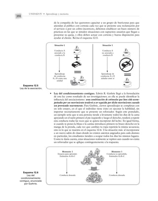 UNIDAD IV • Aprendizaje y memoria
192
de la compañía de luz queremos capacitar a un grupo de burócratas para que
atiendan al público con cortesía cada vez que se presente una reclamación por
el servicio o por un cobro incorrecto, debemos establecer un buen número de
prácticas en las que se simulen situaciones con supuestos usuarios que llegan a
presentar su queja, y ellos deben actuar con cortesía y buena disposición para
ayudar al cliente. Revisa el esquema 12.5.
Esquema 12.6
Ley del
condicionamiento
contiguo, enunciada
por Guthrie.
Esquema 12.5
Ley de la asociación.
Situación 1
Conducta A
asociada a la
conducta B
Aprendizaje
de conductas
A y B como una
unidad
Situación 1
Conducta A
no asociada a
conducta B
Aprendizaje de
conductas A y B
aisladas entre sí
• Ley del condicionamiento contiguo. Edwin R. Guthrie llegó a la formulación
de esta ley como resultado de sus investigaciones; en ella se puede identificar la
influencia del asociacionismo: una combinación de estímulos que han sido acom-
pañados por un movimiento tenderá a ser seguida por dicho movimiento cuando
sea provocada nuevamente. Para Guthrie, ciertos aprendizajes se completan con
un solo ensayo, en el que el individuo tiene éxito en ejecutar la habilidad, sin
importar necesariamente que se presente un reforzador. Según este postulado,
un ejemplo sería que si una persona tiende a levantarse todos los días de la cama
apoyando en el suelo primero el pie izquierdo y luego el derecho, tenderá a repetir
esta conducta todas las veces que se quiera incorporar del lecho. En igual forma,
si cuando te pones la blusa o la camisa introduces primero tu brazo derecho en la
manga de la prenda, cada vez que cambies tu ropa repetirás la misma secuencia;
esto es lo que se muestra en el esquema 12.6. Una situación más: al incorporarse
a un nuevo salón de clases donde no existen asientos asignados para cada alumno
en particular, los estudiantes tienden a ocupar todos los días los mismos lugares.
Como te darás cuenta, estas situaciones realmente se repiten aun cuando no exista
un reforzador que se aplique contingentemente a la respuesta.
Momento 1
Ensayos para aprender.
Estímulos A+B+C
Conducta deseada
Momento 1
Conducta ya aprendida.
Estímulos A+B+C
Conducta deseada
 