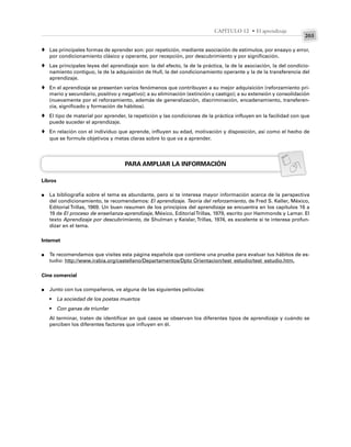 203
CAPÍTULO 12 • El aprendizaje
Las principales formas de aprender son: por repetición, mediante asociación de estímulos, por ensayo y error,
por condicionamiento clásico y operante, por recepción, por descubrimiento y por significación.
Las principales leyes del aprendizaje son: la del efecto, la de la práctica, la de la asociación, la del condicio-
namiento contiguo, la de la adquisición de Hull, la del condicionamiento operante y la de la transferencia del
aprendizaje.
En el aprendizaje se presentan varios fenómenos que contribuyen a su mejor adquisición (reforzamiento pri-
mario y secundario, positivo y negativo); a su eliminación (extinción y castigo); a su extensión y consolidación
(nuevamente por el reforzamiento, además de generalización, discriminación, encadenamiento, transferen-
cia, significado y formación de hábitos).
El tipo de material por aprender, la repetición y las condiciones de la práctica influyen en la facilidad con que
puede suceder el aprendizaje.
En relación con el individuo que aprende, influyen su edad, motivación y disposición, así como el hecho de
que se formule objetivos y metas claras sobre lo que va a aprender.
PARA AMPLIAR LA INFORMACIÓN
Libros
La bibliografía sobre el tema es abundante, pero si te interesa mayor información acerca de la perspectiva
del condicionamiento, te recomendamos: El aprendizaje. Teoría del reforzamiento, de Fred S. Keller, México,
Editorial Trillas, 1969. Un buen resumen de los principios del aprendizaje se encuentra en los capítulos 16 a
19 de El proceso de enseñanza-aprendizaje, México, EditorialTrillas, 1979, escrito por Hammonds y Lamar. El
texto Aprendizaje por descubrimiento, de Shulman y Keislar,Trillas, 1974, es excelente si te interesa profun-
dizar en el tema.
Internet
Te recomendamos que visites esta página española que contiene una prueba para evaluar tus hábitos de es-
tudio: http://www.irabia.org/castellano/Departamentos/Dpto Orientacion/test_estudio/test_estudio.htm.
Cine comercial
Junto con tus compañeros, ve alguna de las siguientes películas:
• La sociedad de los poetas muertos
• Con ganas de triunfar
Al terminar, traten de identificar en qué casos se observan los diferentes tipos de aprendizaje y cuándo se
perciben los diferentes factores que influyen en él.
♦
♦
♦
♦
♦
●
●
●
 