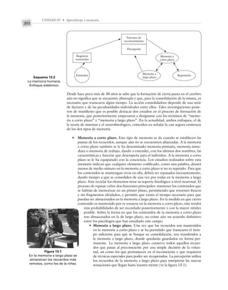 UNIDAD IV • Aprendizaje y memoria
212
Desde hace poco más de 30 años se sabe que la formación de cierta pauta en el cerebro
aún no significa que se encuentre afianzada y que, para la consolidación de la misma, es
necesario que transcurra algún tiempo. La acción consolidadora depende de una serie
de factores y de las peculiaridades individuales entre ellos. Tales investigaciones pusie-
ron de manifiesto que es posible destacar dos estadios en el proceso de formación de
la memoria, que posteriormente empezaron a designarse con los términos de “memo-
ria a corto plazo” y “memoria a largo plazo”. En la actualidad, ambos enfoques, el de
la teoría de sistemas y el neurofisiológico, coinciden en señalar la casi segura existencia
de los dos tipos de memoria.
• Memoria a corto plazo. Este tipo de memoria se da cuando se establecen las
pautas de los recuerdos, aunque aún no se encuentren afianzadas. A la memoria
a corto plazo también se le ha denominado memoria primaria, memoria inme-
diata o memoria de trabajo, dando a entender, con los últimos dos nombres, las
características y función que desempeña para el individuo. A la memoria a corto
plazo se le ha equiparado con la conciencia. Los estudios realizados sobre esta
memoria indican que cualquier elemento codificado, como una palabra, durará
menos de medio minuto en la memoria a corto plazo si no es repetido. Para que
los contenidos se mantengan vivos en ella, deben ser repasados incesantemente,
dando tiempo a que se consoliden de una vez por todas en la memoria a largo
plazo. Este reciclar los elementos tiene su soporte fisiológico a nivel neuronal. El
proceso de repasar cubre dos funciones principales: mantener los contenidos que
se habrán de memorizar en un primer plano, permitiendo que retornen frescos
y sin fragmentos olvidados, y permitir que exista el tiempo necesario para que
puedan ser almacenados en la memoria a largo plazo. En la medida en que cierto
contenido es mantenido por re-ensayos en la memoria a corto plazo, éste tendrá
más probabilidades de ser recordado posteriormente y con la mayor nitidez
posible. Sobre la forma en que los contenidos de la memoria a corto plazo
son almacenados en la de largo plazo, no existe aún un acuerdo definitivo
entre los psicólogos que han estudiado este campo.
• Memoria a largo plazo. Una vez que los recuerdos son mantenidos
en la memoria a corto plazo y se ha permitido que transcurra el tiem-
po suficiente para que se busque su consolidación, son transferidos a
la memoria a largo plazo, donde quedarán guardados en forma per-
manente. La memoria a largo plazo conserva todos aquellos recuer-
dos que pasan al preconsciente por una simple decisión de la volun-
tad, así como los que permanecen en el inconsciente y que requieren
de técnicas especiales para poder ser recuperados. La percepción utiliza
los recuerdos de la memoria a largo plazo para interpretar las nuevas
sensaciones que llegan hasta nuestra mente (ve la figura 13.1).
Esquema 13.2
La memoria humana.
Enfoque sistémico.
Patrones de
reconocimiento
Percepción
Registros
sensoriales
Estímulos
Memoria a
corto plazo
Memoria a
largo plazo
Repetición
Figura 13.1
En la memoria a largo plazo se
almacenan los recuerdos más
remotos, como los de la niñez.
 