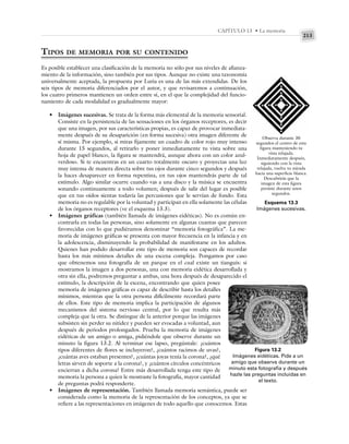 213
CAPÍTULO 13 • La memoria
TIPOS DE MEMORIA POR SU CONTENIDO
Es posible establecer una clasificación de la memoria no sólo por sus niveles de afianza-
miento de la información, sino también por sus tipos. Aunque no existe una taxonomía
universalmente aceptada, la propuesta por Luria es una de las más extendidas. De los
seis tipos de memoria diferenciados por el autor, y que revisaremos a continuación,
los cuatro primeros mantienen un orden entre sí, en el que la complejidad del funcio-
namiento de cada modalidad es gradualmente mayor:
• Imágenes sucesivas. Se trata de la forma más elemental de la memoria sensorial.
Consiste en la persistencia de las sensaciones en los órganos receptores, es decir
que una imagen, por sus características propias, es capaz de provocar inmediata-
mente después de su desaparición (en forma sucesiva) otra imagen diferente de
sí misma. Por ejemplo, si miras fijamente un cuadro de color rojo muy intenso
durante 15 segundos, al retirarlo y poner inmediatamente tu vista sobre una
hoja de papel blanco, la figura se mantendrá, aunque ahora con un color azul-
verdoso. Si te encuentras en un cuarto totalmente oscuro y proyectas una luz
muy intensa de manera directa sobre tus ojos durante cinco segundos y después
la haces desaparecer en forma repentina, en tus ojos mantendrás parte de tal
estímulo. Algo similar ocurre cuando vas a una disco y la música se encuentra
sonando continuamente a todo volumen; después de salir del lugar es posible
que en tus oídos sientas todavía las percusiones que le servían de fondo. Esta
memoria no es regulable por la voluntad y participan en ella solamente las células
de los órganos receptores (ve el esquema 13.3).
• Imágenes gráficas (también llamada de imágenes eidéticas). No es común en-
contrarla en todas las personas, sino solamente en algunas cuantas que parecen
favorecidas con lo que pudiéramos denominar “memoria fotográfica”. La me-
moria de imágenes gráficas se presenta con mayor frecuencia en la infancia y en
la adolescencia, disminuyendo la probabilidad de manifestarse en los adultos.
Quienes han podido desarrollar este tipo de memoria son capaces de recordar
hasta los más mínimos detalles de una escena compleja. Pongamos por caso
que obtenemos una fotografía de un parque en el cual existe un tianguis: si
mostramos la imagen a dos personas, una con memoria eidética desarrollada y
otra sin ella, podremos preguntar a ambas, una hora después de desaparecido el
estímulo, la descripción de la escena, encontrando que quien posee
memoria de imágenes gráficas es capaz de describir hasta los detalles
mínimos, mientras que la otra persona difícilmente recordará parte
de ellos. Este tipo de memoria implica la participación de algunos
mecanismos del sistema nervioso central, por lo que resulta más
compleja que la otra. Se distingue de la anterior porque las imágenes
subsisten sin perder su nitidez y pueden ser evocadas a voluntad, aun
después de periodos prolongados. Prueba la memoria de imágenes
eidéticas de un amigo o amiga, pidiéndole que observe durante un
minuto la figura 13.2. Al terminar ese lapso, pregúntale: ¿cuántos
tipos diferentes de flores se incluyeron?, ¿cuántos racimos de uvas?,
¿cuántas aves estaban presentes?, ¿cuántas joyas tenía la corona?, ¿qué
letras sirven de soporte a la corona?, y ¿cuántos círculos concéntricos
encierran a dicha corona? Entre más desarrollada tenga este tipo de
memoria la persona a quien le mostraste la fotografía, mayor cantidad
de preguntas podrá responderte.
• Imágenes de representación. También llamada memoria semántica, puede ser
considerada como la memoria de la representación de los conceptos, ya que se
refiere a las representaciones en imágenes de todo aquello que conocemos. Estas
Esquema 13.3
Imágenes sucesivas.
Observa durante 30
segundos el centro de esta
figura manteniendo tu
vista relajada.
Inmediatamente después,
siguiendo con la vista
relajada, vuelve tu mirada
hacia una superficie blanca.
Descubrirás que la
imagen de esta figura
persiste durante unos
segundos.
Figura 13.2
Imágenes eidéticas. Pide a un
amigo que observe durante un
minuto esta fotografía y después
hazle las preguntas incluidas en
el texto.
 