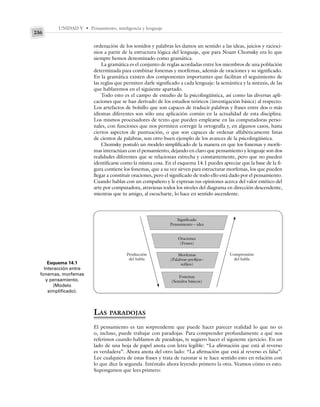 UNIDAD V • Pensamiento, inteligencia y lenguaje
236
ordenación de los sonidos y palabras les damos un sentido a las ideas, juicios y racioci-
nios a partir de la estructura lógica del lenguaje, que para Noam Chomsky era lo que
siempre hemos denominado como gramática.
La gramática es el conjunto de reglas acordadas entre los miembros de una población
determinada para combinar fonemas y morfemas, además de oraciones y su significado.
En la gramática existen dos componentes importantes que facilitan el seguimiento de
las reglas que permiten darle significado a cada lenguaje: la semántica y la sintaxis, de las
que hablaremos en el siguiente apartado.
Todo esto es el campo de estudio de la psicolingüística, así como las diversas apli-
caciones que se han derivado de los estudios teóricos (investigación básica) al respecto.
Los artefactos de bolsillo que son capaces de traducir palabras y frases entre dos o más
idiomas diferentes son sólo una aplicación común en la actualidad de esta disciplina.
Los mismos procesadores de texto que pueden emplearse en las computadoras perso-
nales, con funciones que nos permiten corregir la ortografía y, en algunos casos, hasta
ciertos aspectos de puntuación, o que son capaces de ordenar alfabéticamente listas
de cientos de palabras, son otro buen ejemplo de los avances de la psicolingüística.
Chomsky postuló un modelo simplificado de la manera en que los fonemas y morfe-
mas interactúan con el pensamiento, dejando en claro que pensamiento y lenguaje son dos
realidades diferentes que se relacionan estrecha y constantemente, pero que no pueden
identificarse como la misma cosa. En el esquema 14.1 puedes apreciar que la base de la fi-
gura contiene los fonemas, que a su vez sirven para estructurar morfemas, los que pueden
llegar a constituir oraciones, pero el significado de todo ello está dado por el pensamiento.
Cuando hablas con un compañero y le expresas tus opiniones acerca del valor estético del
arte por computadora, atraviesas todos los niveles del diagrama en dirección descendente,
mientras que tu amigo, al escucharte, lo hace en sentido ascendente.
Esquema 14.1
Interacción entre
fonemas, morfemas
y pensamiento.
(Modelo
simplificado).
Significado
Pensamiento – idea
Oraciones
(Frases)
Morfemas
(Palabras–prefijos–
sufijos)
Fonemas
(Sonidos básicos)
Producción
del habla
Comprensión
del habla
LAS PARADOJAS
El pensamiento es tan sorprendente que puede hacer parecer realidad lo que no es
o, incluso, puede trabajar con paradojas. Para comprender profundamente a qué nos
referimos cuando hablamos de paradojas, te sugiero hacer el siguiente ejercicio. En un
lado de una hoja de papel anota con letra legible: “La afirmación que está al reverso
es verdadera”. Ahora anota del otro lado: “La afirmación que está al reverso es falsa”.
Lee cualquiera de estas frases y trata de razonar si te hace sentido esto en relación con
lo que dice la segunda. Inténtalo ahora leyendo primero la otra. Veamos cómo es esto.
Supongamos que lees primero:
 