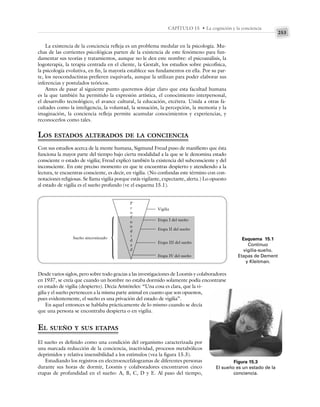 253
CAPÍTULO 15 • La cognición y la conciencia
La existencia de la conciencia refleja es un problema medular en la psicología. Mu-
chas de las corrientes psicológicas parten de la existencia de este fenómeno para fun-
damentar sus teorías y tratamientos, aunque no le den este nombre: el psicoanálisis, la
logoterapia, la terapia centrada en el cliente, la Gestalt, los estudios sobre psicofísica,
la psicología evolutiva, en fin, la mayoría establece sus fundamentos en ella. Por su par-
te, los neoconductistas prefieren esquivarla, aunque la utilizan para poder elaborar sus
inferencias y postulados teóricos.
Antes de pasar al siguiente punto queremos dejar claro que esta facultad humana
es la que también ha permitido la expresión artística, el conocimiento interpersonal,
el desarrollo tecnológico, el avance cultural, la educación, etcétera. Unida a otras fa-
cultades como la inteligencia, la voluntad, la sensación, la percepción, la memoria y la
imaginación, la conciencia refleja permite acumular conocimientos y experiencias, y
reconocerlos como tales.
LOS ESTADOS ALTERADOS DE LA CONCIENCIA
Con sus estudios acerca de la mente humana, Sigmund Freud puso de manifiesto que ésta
funciona la mayor parte del tiempo bajo cierta modalidad a la que se le denomina estado
consciente o estado de vigilia; Freud explicó también la existencia del subconsciente y del
inconsciente. En este preciso momento en que te encuentras despierto y atendiendo a la
lectura, te encuentras consciente, es decir, en vigilia. (No confundas este término con con-
notaciones religiosas. Se llama vigilia porque estás vigilante, expectante, alerta.) Lo opuesto
al estado de vigilia es el sueño profundo (ve el esquema 15.1).
Esquema 15.1
Continuo
vigilia-sueño.
Etapas de Dement
y Kleitman.
Vigilia
Etapa I del sueño
Etapa II del sueño
Etapa III del sueño
Etapa IV del sueño
Sueño sincronizado
P
r
o
f
u
n
d
i
d
a
d
{
Desde varios siglos, pero sobre todo gracias a las investigaciones de Loomis y colaboradores
en 1937, se creía que cuando un hombre no estaba dormido solamente podía encontrarse
en estado de vigilia (despierto). Decía Aristóteles: “Una cosa es clara, que la vi-
gilia y el sueño pertenecen a la misma parte animal en cuanto que son opuestos,
pues evidentemente, el sueño es una privación del estado de vigilia”.
En aquel entonces se hablaba prácticamente de lo mismo cuando se decía
que una persona se encontraba despierta o en vigilia.
EL SUEÑO Y SUS ETAPAS
El sueño es definido como una condición del organismo caracterizada por
una marcada reducción de la conciencia, inactividad, procesos metabólicos
deprimidos y relativa insensibilidad a los estímulos (vea la figura 15.3).
Estudiando los registros en electroencefalogramas de diferentes personas
durante sus horas de dormir, Loomis y colaboradores encontraron cinco
etapas de profundidad en el sueño: A, B, C, D y E. Al paso del tiempo,
Figura 15.3
El sueño es un estado de la
conciencia.
 