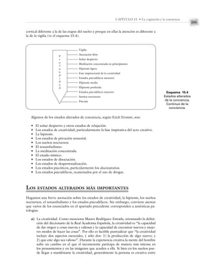 255
CAPÍTULO 15 • La cognición y la conciencia
cortical diferente a la de las etapas del sueño y porque en ellas la atención es diferente a
la de la vigilia (ve el esquema 15.4).
Esquema 15.4
Estados alterados
de la conciencia.
Continuo de la
conciencia.
P
r
o
f
u
n
d
i
d
a
d
Vigilia
Asociación libre
Soñar despierto
Meditación concentrada en principiantes
Hipnosis ligera
Fase inspiracional de la creatividad
Estados psicodélicos menores
Hipnosis media
Hipnosis profunda
Estados psicodélicos mayores
Sueños nocturnos
Psicosis
Algunos de los estados alterados de conciencia, según Erich Fromm, son:
• El soñar despierto y otros estados de relajación.
• Los estados de creatividad, particularmente la fase inspirativa del acto creativo.
• La hipnosis.
• Los estados de privación sensorial.
• Los sueños nocturnos.
• El sonambulismo.
• La meditación concentrada.
• El estado místico.
• Los estados de disociación.
• Los estados de despersonalización.
• Los estados psicóticos, particularmente los alucinatorios.
• Los estados psicodélicos, ocasionados por el uso de drogas.
LOS ESTADOS ALTERADOS MÁS IMPORTANTES
Hagamos una breve anotación sobre los estados de creatividad, la hipnosis, los sueños
nocturnos, el sonambulismo y los estados psicodélicos. Sin embargo, conviene asentar
que varios de los enunciados en el apartado precedente corresponden a auténticas pa-
tologías.
a) La creatividad. Como menciona Mauro Rodríguez Estrada, retomando la defini-
ción del diccionario de la Real Academia Española, la creatividad es “la capacidad
de dar origen a cosas nuevas y valiosas y la capacidad de encontrar nuevos y mejo-
res modos de hacer las cosas”. Por ello es factible puntualizar que “la creatividad
incluye dos aspectos esenciales, y sólo dos: 1) la producción de algo nuevo; y
2) que este algo sea valioso”. Durante la experiencia creativa la mente del hombre
sufre un cambio en el que el inconsciente participa de manera más intensa en
los pensamientos y en las imágenes que acuden a ella. Si bien en los sueños pue-
de llegar a manifestarse la creatividad, generalmente la persona es creativa entre
 