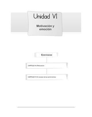 Unidad
nidad VI
VI
Motivación y
emoción
CAPÍTULO 16. Motivación
CONTENIDO
CAPÍTULO 17. El manejo de los sentimientos
 