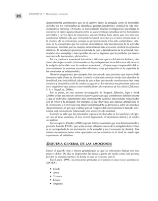 UNIDAD VI • Motivación y emoción
278
Anteriormente comentamos que en el cerebro tanto la amígdala como el hemisferio
derecho son los responsables de identificar, generar, interpretar y conducir la vida emo-
cional de las personas. De hecho, se han realizado muchas investigaciones para tratar de
encontrar si existe alguna relación entre las características específicas de los hemisferios
cerebrales y ciertos tipos de emociones, encontrándose hasta ahora que no existe una
conclusión definitiva de que el hemisferio lateral derecho sea el único involucrado en
la vivencia de las emociones, aunque su preponderancia sí ha sido comprobada. Ade-
más, se ha encontrado que los varones demostraron más lateralización de la actividad
emocional, mientras que las mujeres demostraron más activación cerebral en episodios
afectivos. El estudio proporciona evidencia de que la lateralización de la actividad emo-
cional es más compleja y más específica de ciertas regiones que lo predicho por teorías
anteriores de la emoción y del cerebro.
En la experiencia emocional intervienen diferentes partes del sistema límbico, tales
como el cuerpo estriado (relacionado con la predisposición hacia diferentes adicciones),
la amígdala (vinculada con la conducta emocional), el hipocampo (responsable del al-
macenamiento de nuestros recuerdos afectivos y cuya participación en la expresión de
las emociones es indispensable).
Otras investigaciones, por ejemplo, han encontrado que pacientes que han recibido
inmunoterapia a base de citocinas (como la oxitocina) reportan niveles más elevados de
hostilidad, ira e irritabilidad, además de que se han encontrado correlaciones altas entre
citocinas y la manifestación de conductas agresivas. Las citocinas son proteínas naturales
en el organismo que actúan como modificadores de respuestas de las células (Zalcman,
S. S. y Siegel, A., 2006).
Por su parte, en una reciente investigación de Stoppel, Albrecht, Pape y Stork
(2006) se han encontrado diversos factores genéticos que contribuyen definitivamente
a que el individuo experimente más intensamente cambios emocionales relacionados
con el temor y la ansiedad. Por ejemplo, se ha observado que algunas alteraciones en
el cromosoma 15 provocan una mayor sensibilidad de las personas a sufrir de ansiedad.
Aparentemente, el gen que codifica para el receptor del neurotransmisor llamado sero-
tonina está íntimamente relacionado con los niveles de ansiedad.
También se sabe que las principales regiones involucradas en la experiencia del pla-
cer son el locus coeruleus, el área ventral tegmental, el hipotálamo lateral y el núcleo
accumbens.
Por otra parte, Pandley (2006) reporta haber encontrado que una disminución de la
proteína llamada FNDC, que actúa en tres diferentes áreas de la amígdala del cerebro,
se ve acompañada de un incremento en la ansiedad y en el consumo de alcohol. Este
mismo mecanismo parece estar aparejado con incrementos en el nivel de miedo que
experimenta el individuo.
ESQUEMA GENERAL DE LAS EMOCIONES
Existe el acuerdo más o menos generalizado de que las emociones básicas son dos:
placer y dolor. De ellas se desprenden las demás a partir del modo como una persona
percibe su mundo exterior y la forma en que se relaciona con él.
Para Larios (1995), las emociones primarias se resumen en cinco (cuyo acróstico es
MATEA):
• Miedo
• Amor
• Ternura
• Enojo
• Angustia
 