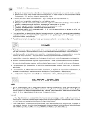 UNIDAD VI • Motivación y emoción
302
5. Compartir otros sentimientos hablando con otras personas, especialmente con quien te sientes enojado.
6. Negociar con quien estás enojado las condiciones en que se puede reparar el daño o cómo evitar en el
futuro volver a vivir la misma situación que generó el enojo.
En el caso de que sea otra la persona enojada y llegue contigo, lo que tú puedes hacer es:
1. Recibirla con tranquilidad, escuchando los motivos de su enojo.
2. Sólo para que se dé cuenta de que la has entendido, repite lo que hayas escuchado que es la causa de su
molestia y trata de percibir si tú también te molestarías si estuvieras en su lugar.
3. Comparte tu propia reacción, que surge al escuchar las causas de su enojo.
4. Comparte otros sentimientos que identifiques además del enojo.
5. Renegocia la relación con la persona enojada a fin de crear nuevas condiciones en las que no surjan mo-
tivos para nuevos conflictos.
Pero, sea cual sea tu reacción ante el enojo, lo más importante es que te des cuenta de que una persona
enojada se encuentra en una circunstancia cuyo estado se verá agudizado por otros conflictos, por lo que el
coraje será cada vez mayor y mayor.
Y un último comentario al respecto: el enojo que no se expresa tiende a convertirse en depresión.
RESUMEN
Profundizamos en el esquema de generación de las emociones haciendo hincapié en su análisis, y explicamos
que cada sentimiento depende de valoraciones subjetivas de los objetos captados por nuestros sentidos.
Los objetos pueden ser percibidos como accesibles o inaccesibles, buenos o malos, y podemos poseerlos,
alejarnos de ellos, acercarnos a ellos o mantener una valoración fundamental sobre los mismos.
Los conflictos emocionales se pueden manifestar generalmente como ambivalencia o aplanamiento afectivo.
Nuestros sentimientos cambian según su propio dinamismo y por la acción de los mecanismos de defensa.
Un mecanismo de defensa es cualquier patrón conductual que protege a la mente de sentimientos indeseados.
Los sentimientos que generalmente se relacionan con enfermedades mentales son la culpa, la vergüenza y
la ansiedad.
Los mecanismos de defensa más comunes son la represión, la regresión, la proyección, la identificación, la
fantasía, la compensación, el enquistamiento, la negación, la racionalización y la sublimación.
La asertividad es la expresión adecuada de uno mismo en sus valores, actitudes, conductas y afectos.
PARA AMPLIAR LA INFORMACIÓN
Libros
Uno de los autores que más ha desarrollado métodos prácticos para enseñar a actuar asertivamente es Eric
Berne, con su análisis transaccional. Esta corriente fue muy famosa en la década de los setenta. Su poco
soporte científico lo desacreditó fuertemente, pero cualquier libro de este autor puede ser una muestra inte-
resante de cómo es posible aprender a manejar ciertos sentimientos.
Internet
La Cruz Roja Americana ha puesto en Internet una serie de sugerencias que pueden ayudar a las personas in-
volucradas en catástrofes o desastres naturales a lograr un mejor manejo e sus sentimientos, busca sus ideas
en: http://www.redcross.org/services/disaster/foreignmat/sp_how.pdf
Karen Folch preparó unas diapositivas para un taller sobre el manejo del coraje (enojo) que es localizable en
Internet en la siguiente dirección: http://sju.albizu.edu/Correccion/Manejo%20de%20Coraje/Taller%20Manejo
%20de%20Coraje%20con%20Movimiento.ppt#256,1,Taller:%20Manejo%20de%20Coraje
✔
✔
✔
♦
♦
♦
♦
♦
♦
♦
♦
●
●
●
 