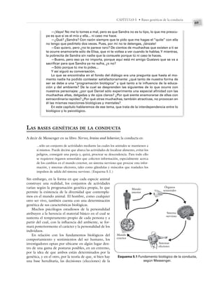 69
CAPÍTULO 5 • Bases genéticas de la conducta
LAS BASES GENÉTICAS DE LA CONDUCTA
A decir de Messenger en su libro Nerves, brains and behavior, la conducta es:
...sólo un conjunto de actividades mediante las cuales los animales se mantienen a
sí mismos. Puede decirse que abarca las actividades de localizar alimento, evitar los
peligros, conseguir una pareja y, quizá, procrear su descendencia. Para todo ello
se requieren órganos sensoriales que colecten información, especialmente acerca
de los cambios en el mundo exterior, un sistema nervioso que procese esta infor-
mación, y sistemas efectores, tales como glándulas y músculos que trasladen los
impulsos de salida del sistema nervioso. (Esquema 5.1.)
Sin embargo, en la forma en que cada especie animal
construye una realidad, los conjuntos de actividades
varían según la programación genética propia, lo que
permite la existencia de la diversidad que contempla-
mos en el mundo animal. El hombre, como cualquier
otro ser vivo, también cuenta con una determinación
genética de sus características biológicas.
Muchos psicólogos estudiosos de la personalidad
atribuyen a la herencia el material básico en el cual se
sustenta el temperamento propio de cada persona y a
partir del cual, con la influencia del ambiente, se for-
mará posteriormente el carácter y la personalidad de los
individuos.
En relación con los fundamentos biológicos del
comportamiento y sentimientos del ser humano, los
investigadores optan por ubicarse en algún lugar den-
tro de una gama de posturas posibles, en un extremo,
por la idea de que ambos están determinados por la
genética, y en el otro, por la teoría de que, si bien hay
una base hereditaria, las decisiones (elecciones) de la
—¡Vaya! No me lo tomes a mal, pero es que Sandra no es tu tipo, lo que me preocu-
pa es que sí es el mío y ella... ni caso me hace.
—¿Qué? ¿Sandra? Con razón siempre que te pido que me hagas el “quite” con ella
no tengo que pedírtelo dos veces. Pues, por mí no te detengas, ¡lánzate!
—Eso quiero, pero ¿no te parece raro? De cientos de muchachas que existen a ti se
te ocurre enamorarte sólo de Elisa, que ni te voltea a ver cuando le hablas.Y mientras,
la pobrecita de Sandra sin nadie que la consuele porque tú ni caso le haces.
—Bueno, pero eso ya no importa, porque aquí está mi amigo Gustavo que se va a
sacrificar para que Sandra ya no sufra, ¿o no?
—Sólo porque tú me lo pides...
Y así siguió su conversación.
Lo que se encontraba en el fondo del diálogo era una pregunta que hasta el mo-
mento nadie ha podido contestar satisfactoriamente: ¿qué tanto de nuestra forma de
ser se debe a una “programación biológica” y qué tanto a la influencia de la educa-
ción y del ambiente? De la cual se desprenden las siguientes de lo que ocurre con
nuestros personajes: ¿por qué Daniel sólo experimenta una especial afinidad con las
muchachas altas, delgadas y de ojos claros? ¿Por qué siente enamorarse de ellas con
extraordinaria rapidez? ¿Por qué otras muchachas, también atractivas, no provocan en
él las mismas reacciones biológicas y mentales?
En este capítulo hablaremos de ese tema, que trata de la interdependencia entre lo
biológico y lo psicológico.
Mundo
interior
Órganos
sensoriales
Sistema
nervioso
Sistemas
efectores
Mundo
exterior
Esquema 5.1 Fundamento biológico de la conducta,
según Messenger.
 