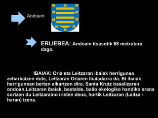 Andoain
IBAIAK: Oria eta Leitzaran ibaiek herrigunea
zeharkatzen dute, Leitzaran Oriaren ibaiadarra da. Bi ibaiak
herrigunean bertan elkartzen dira, Santa Krutz baselizaren
ondoan.Leitzaran ibaiak, bestalde, balio ekologiko handiko arana
sortzen du Leitzaraino iristen dena, hortik Leitzaran (Leitza -
haran) izena.
ERLIEBEA: Andoain itsasotik 68 metrotara
dago.
 