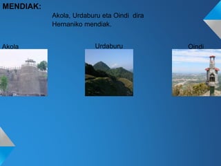 MENDIAK:
Akola, Urdaburu eta Oindi dira
Hernaniko mendiak.
Akola Urdaburu Oindi
 
