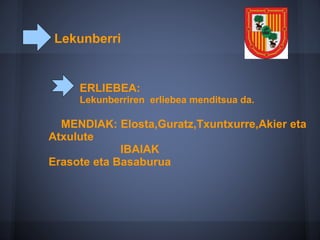 Lekunberri
MENDIAK: Elosta,Guratz,Txuntxurre,Akier eta
Atxulute
IBAIAK
Erasote eta Basaburua
ERLIEBEA:
Lekunberriren erliebea menditsua da.
 