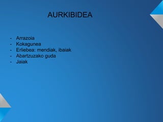 - Arrazoia
- Kokagunea
- Erliebea: mendiak, ibaiak
- Abartzuzako guda
- Jaiak
AURKIBIDEA
 