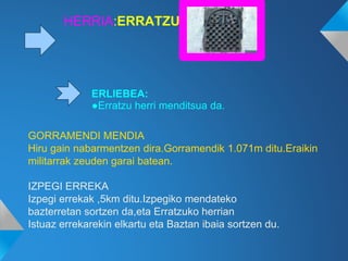 ERLIEBEA:
●Erratzu herri menditsua da.
GORRAMENDI MENDIA
Hiru gain nabarmentzen dira.Gorramendik 1.071m ditu.Eraikin
militarrak zeuden garai batean.
IZPEGI ERREKA
Izpegi errekak ,5km ditu.Izpegiko mendateko
bazterretan sortzen da,eta Erratzuko herrian
Istuaz errekarekin elkartu eta Baztan ibaia sortzen du.
HERRIA:ERRATZU
 