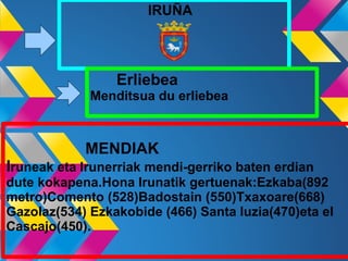 IRUÑA
MENDIAK
Iruneak eta Irunerriak mendi-gerriko baten erdian
dute kokapena.Hona Irunatik gertuenak:Ezkaba(892
metro)Comento (528)Badostain (550)Txaxoare(668)
Gazolaz(534) Ezkakobide (466) Santa luzia(470)eta el
Cascajo(450).
Erliebea
Menditsua du erliebea
 