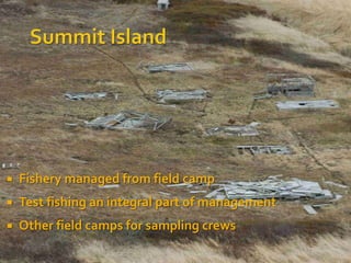    Fishery managed from field camp
   Test fishing an integral part of management
   Other field camps for sampling crews
 