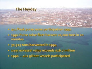The Heyday



   301 Peak purse seine participation 1992
   1992 Purse seine fleet harvest 20,000 tons in 20
    minutes.
   30,315 tons harvested in 1994
   1995 exvessel value exceeds $16.7 million
   1996 -- 461 gillnet vessels participated
 