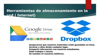 Herramientas de almacenamiento en la
red ( Internet)
Asegurarnos que nuestros materiales están guardados en línea.
Accesar a ellos desde cualquier lugar.
Compartir información con nuestros estudiantes.
Subir trabajos o tareas.
Se instalan en nuestros teléfonos.
 