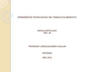 HERRAMIENTAS TECNOLOGICAS DEL TRABAJO COLABORATIVO
NATALIA ORTIZ LEIVA
1002 JM
‘PROFESOR: JORGE EDUARDO CUELLAR
SISTEMAS
AÑO :2015
 