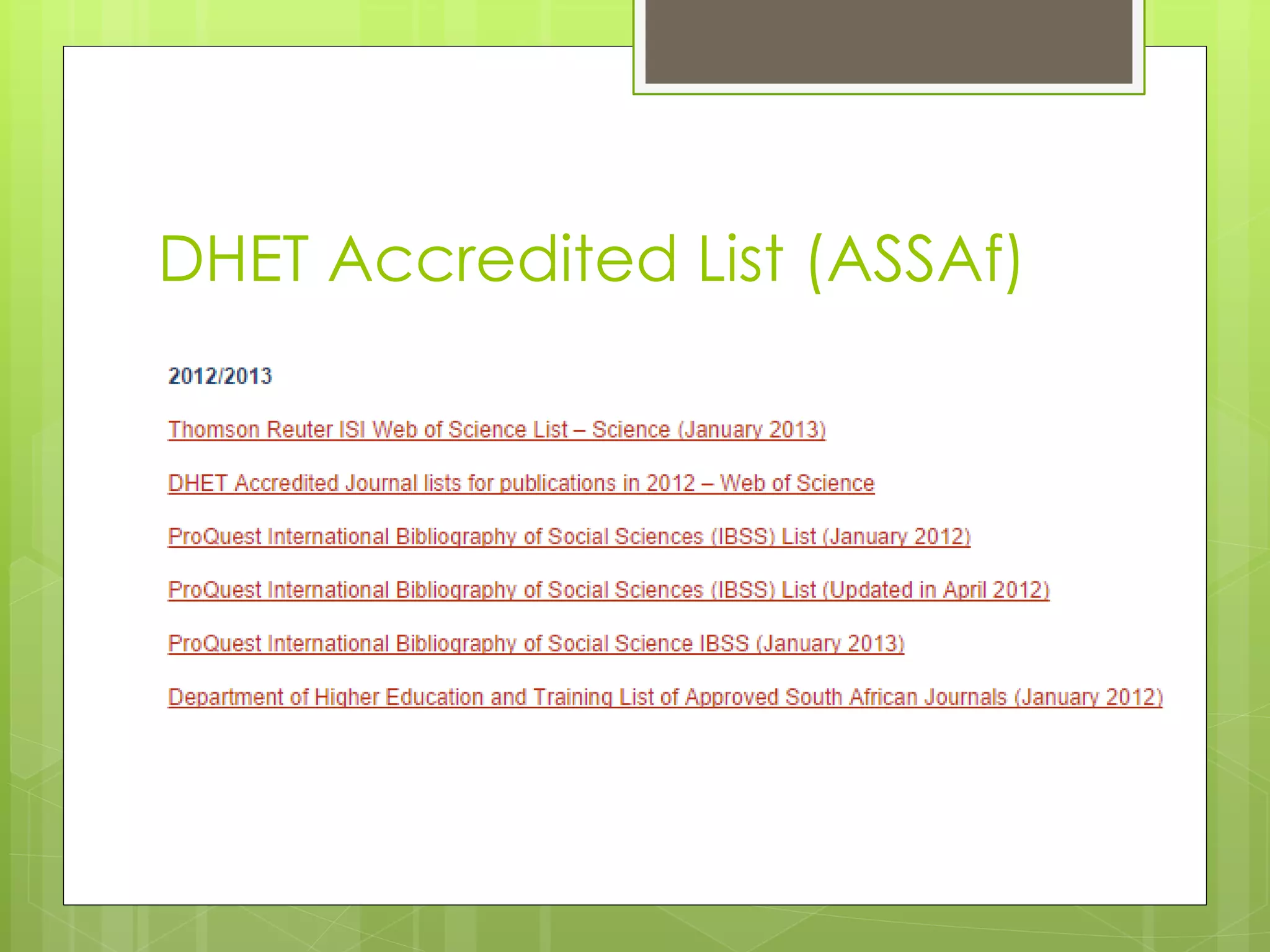DHET Accredited List (ASSAf)  
