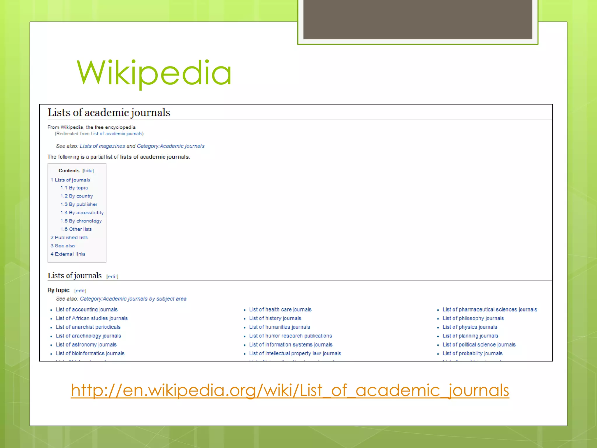 http://en.wikipedia.org/wiki/List_of_academic_journals 
Wikipedia  