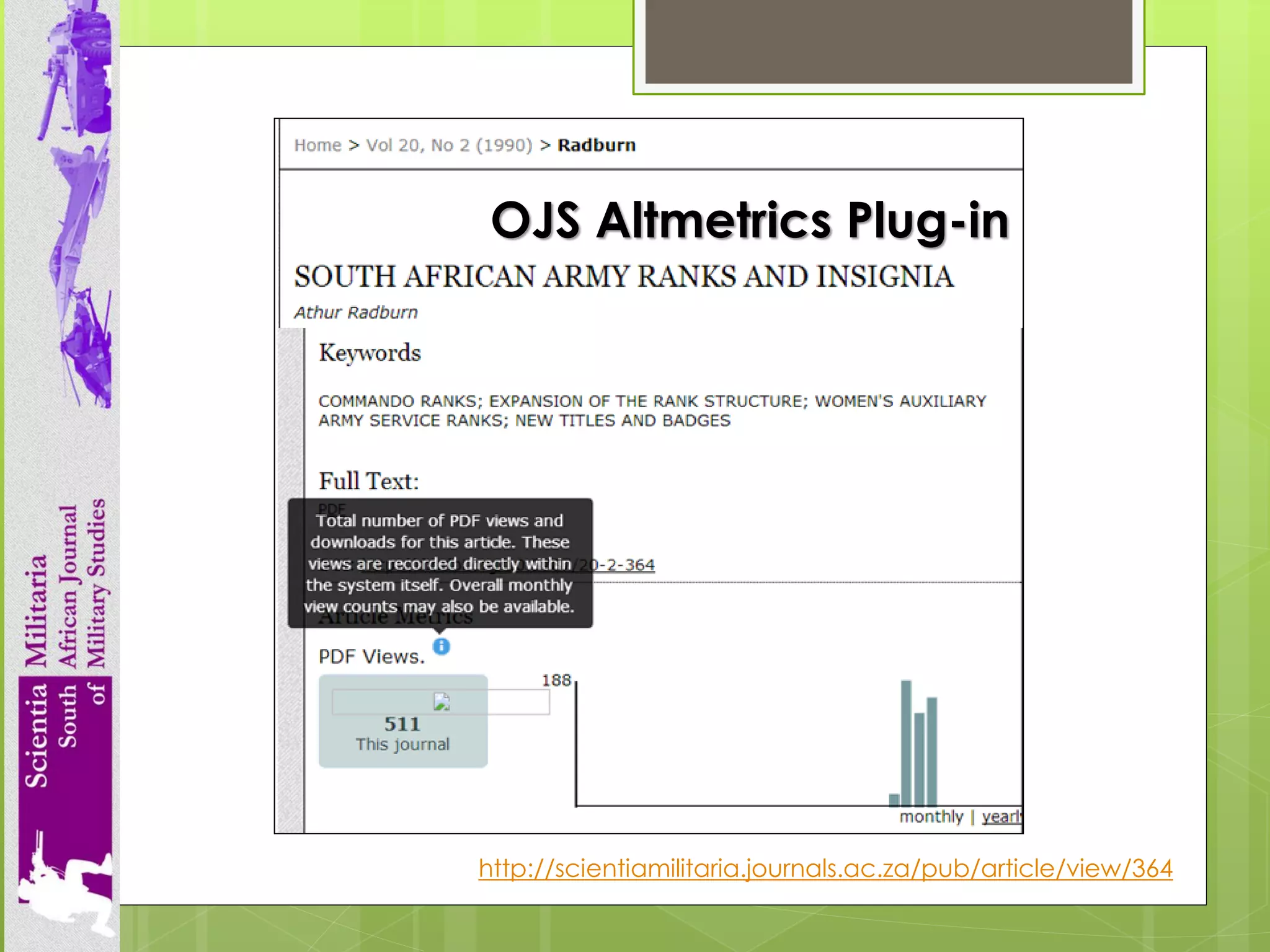 http://scientiamilitaria.journals.ac.za/pub/article/view/364 
OJS Altmetrics Plug-in  
