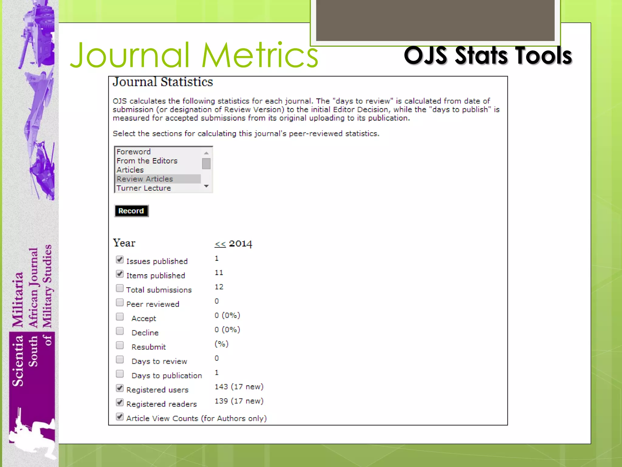 Journal Metrics 
OJS Stats Tools  
