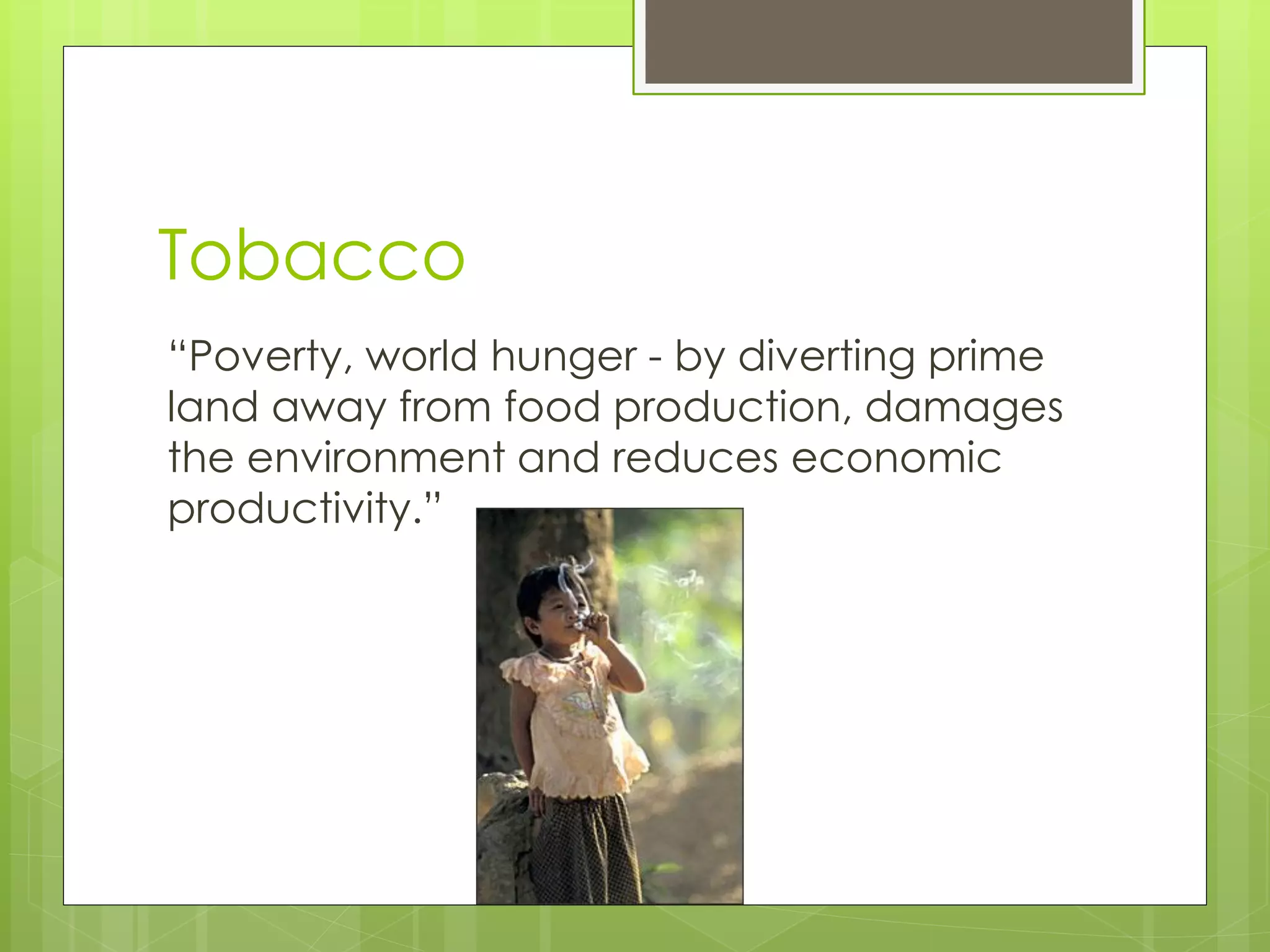 Tobacco 
“Poverty, world hunger - by diverting prime land away from food production, damages the environment and reduces economic productivity.”  