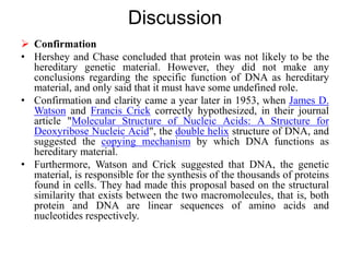 Discussion
 Confirmation
• Hershey and Chase concluded that protein was not likely to be the
hereditary genetic material. However, they did not make any
conclusions regarding the specific function of DNA as hereditary
material, and only said that it must have some undefined role.
• Confirmation and clarity came a year later in 1953, when James D.
Watson and Francis Crick correctly hypothesized, in their journal
article "Molecular Structure of Nucleic Acids: A Structure for
Deoxyribose Nucleic Acid", the double helix structure of DNA, and
suggested the copying mechanism by which DNA functions as
hereditary material.
• Furthermore, Watson and Crick suggested that DNA, the genetic
material, is responsible for the synthesis of the thousands of proteins
found in cells. They had made this proposal based on the structural
similarity that exists between the two macromolecules, that is, both
protein and DNA are linear sequences of amino acids and
nucleotides respectively.
 