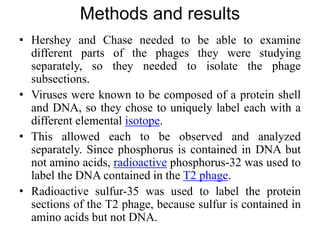 Methods and results
• Hershey and Chase needed to be able to examine
different parts of the phages they were studying
separately, so they needed to isolate the phage
subsections.
• Viruses were known to be composed of a protein shell
and DNA, so they chose to uniquely label each with a
different elemental isotope.
• This allowed each to be observed and analyzed
separately. Since phosphorus is contained in DNA but
not amino acids, radioactive phosphorus-32 was used to
label the DNA contained in the T2 phage.
• Radioactive sulfur-35 was used to label the protein
sections of the T2 phage, because sulfur is contained in
amino acids but not DNA.
 