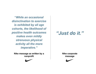 “While an occasional
disinclination to exercise
  is exhibited by all age
cohorts, the likelihood of
positive health outcomes        “Just do it.”
    makes even mildly
    strenuous physical
    activity all the more
        imperative.”
 Nike message as written by a     Nike corporate
          nonprofit                  message
 