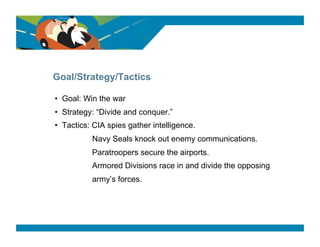 SURVEY SAYS




Goal/Strategy/Tactics

•  Goal: Win the war
•  Strategy: “Divide and conquer.”
•  Tactics: CIA spies gather intelligence.
           Navy Seals knock out enemy communications.
           Paratroopers secure the airports.
           Armored Divisions race in and divide the opposing
           army’s forces.
 