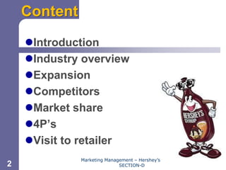 Content                                                Chapter 11




    Introduction
    Industry overview
    Expansion
    Competitors
    Market share
    4P’s
    Visit to retailer
              Marketing Management – Hershey’s chocolate
2                            SECTION-D
 