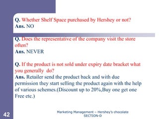 Chapter 11




     Q. Whether Shelf Space purchased by Hershey or not?
     Ans. NO

     Q. Does the representative of the company visit the store
     often?
     Ans. NEVER

     Q. If the product is not sold under expiry date bracket what
     you generally do?
     Ans. Retailer send the product back and with due
     permission they start selling the product again with the help
     of various schemes.(Discount up to 20%,Buy one get one
     Free etc.)

                         Marketing Management – Hershey’s chocolate
42                                      SECTION-D
 