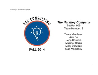 1
Team Project Worksheet: Fall 2014
The Hershey Company
Section 005
Team Number: 2
Team Members:
Anh Do
Jeric Kasunic
Michael Harris
Mark Verwaay
Matt Morrissey
 